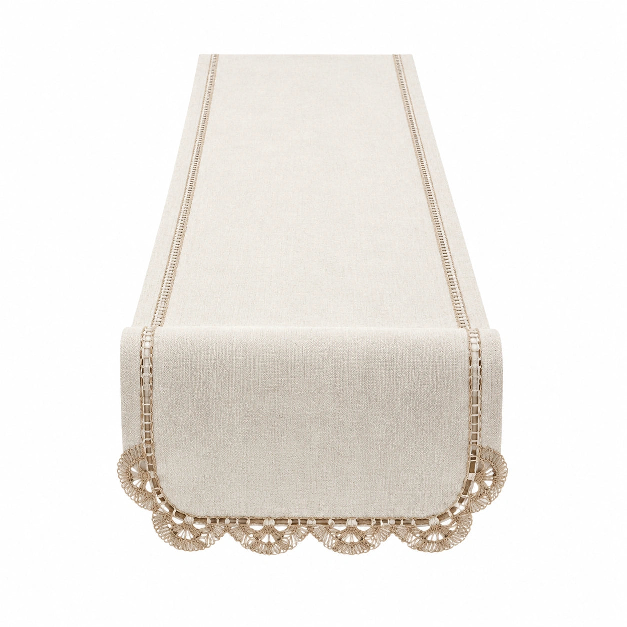 Runner da tavola 40 x 180 cm in tessuto beige con bordo all uncinetto stile classico