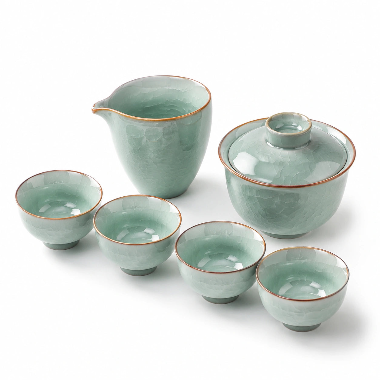 Servizio da tè 6 pezzi in ceramica verde celadon 14 x 11 cm con finitura craquelé