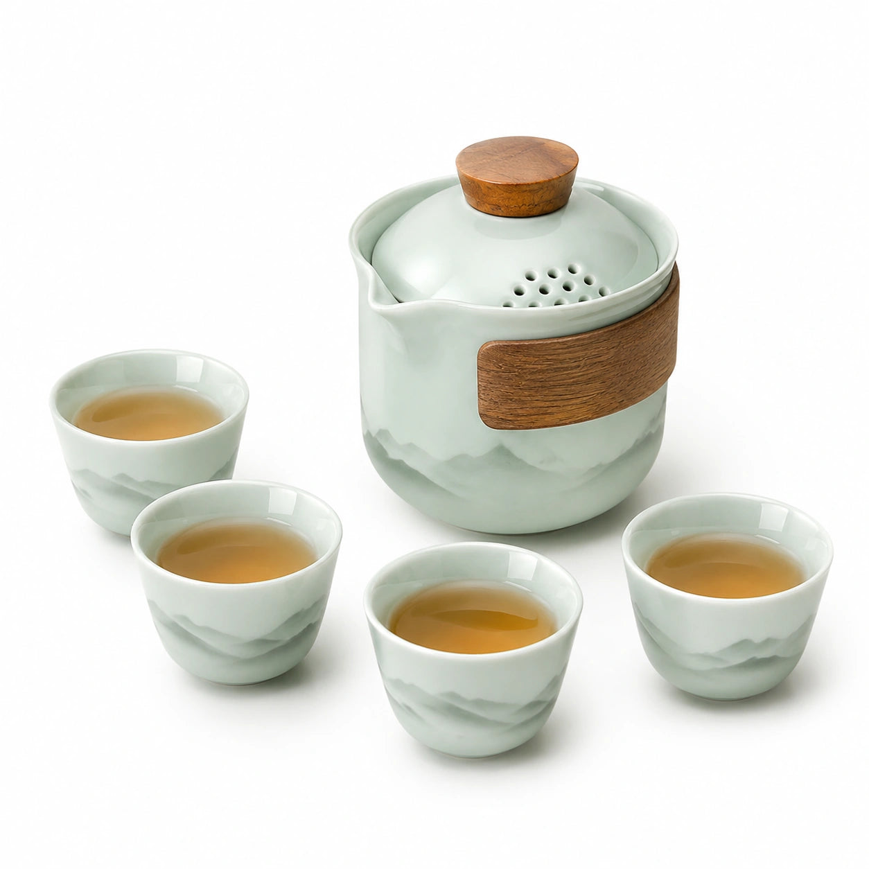 Set da tè in ceramica verde con teiera 650 ml e 4 tazze - stile naturale