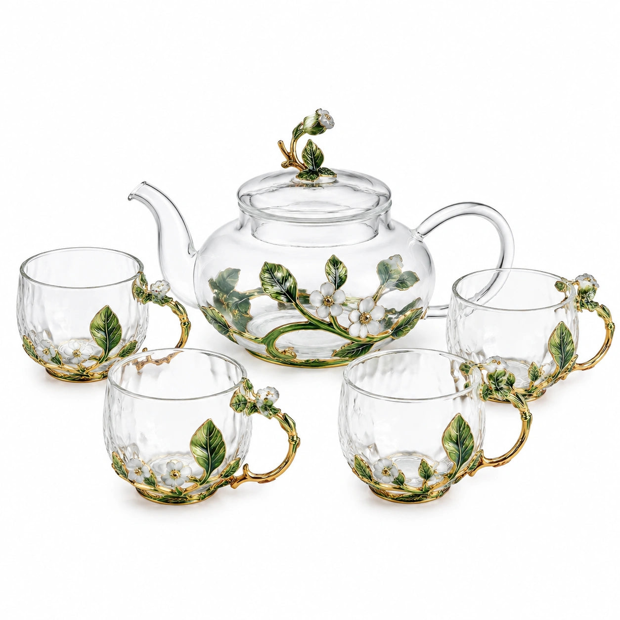 Servizio da tè in vetro 5 pezzi trasparente con decoro floreale 800 ml