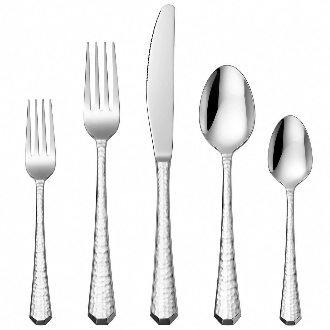 Set posate 5 pezzi in acciaio inox argento con manici martellati per tavola