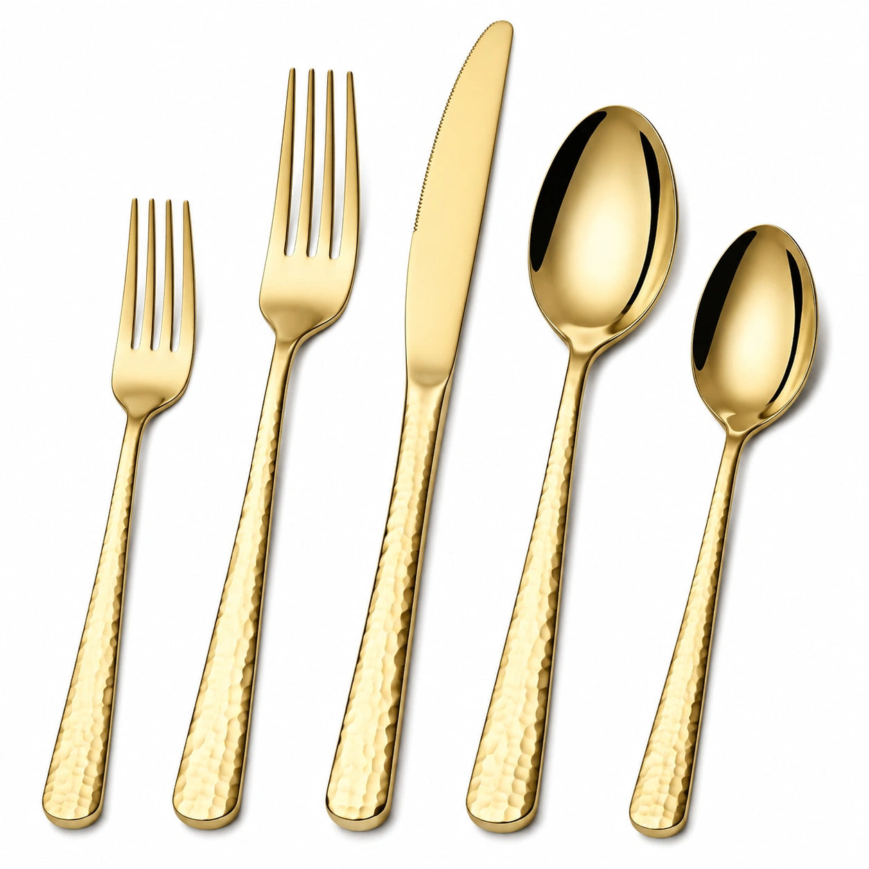 Set di posate 5 pezzi 22 cm in acciaio inox dorato con manici martellati