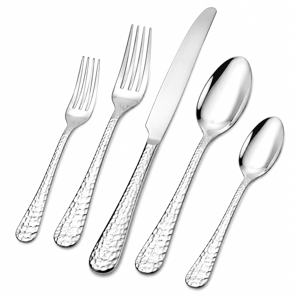 Set di posate 5 pezzi in acciaio inox argento con manico martellato per tavola