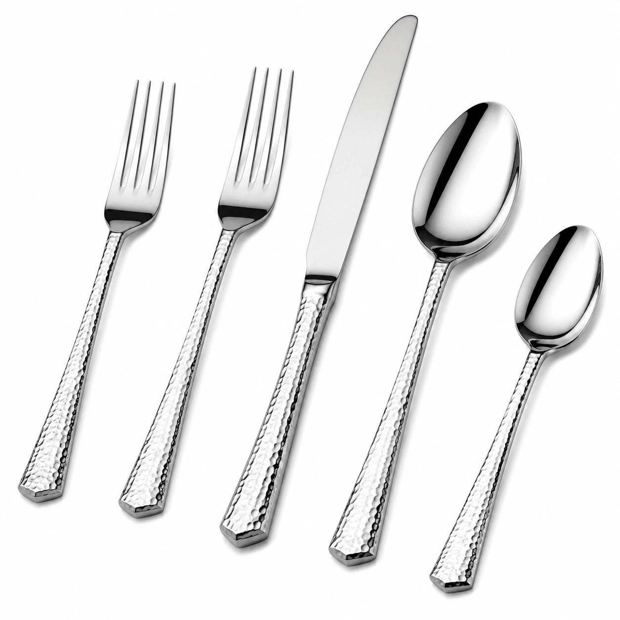 Set posate 5 pezzi in acciaio inox argento con manico martellato per tavola