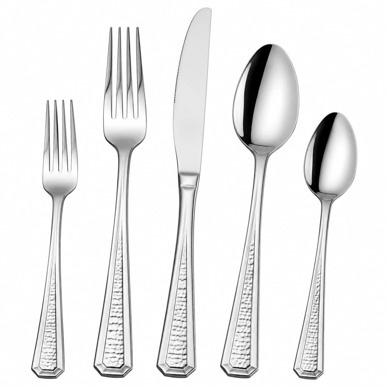 Set di posate 5 pezzi in acciaio inox argento con manici testurizzati