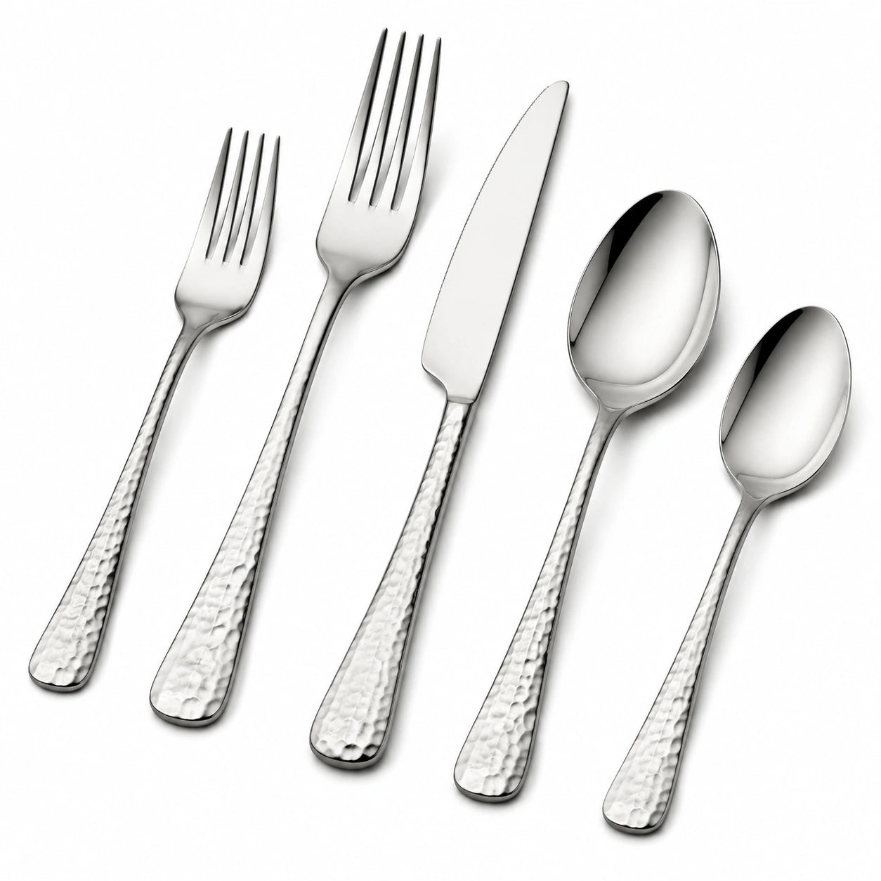 Set posate da tavola 5 pezzi in acciaio inox argento con manico martellato