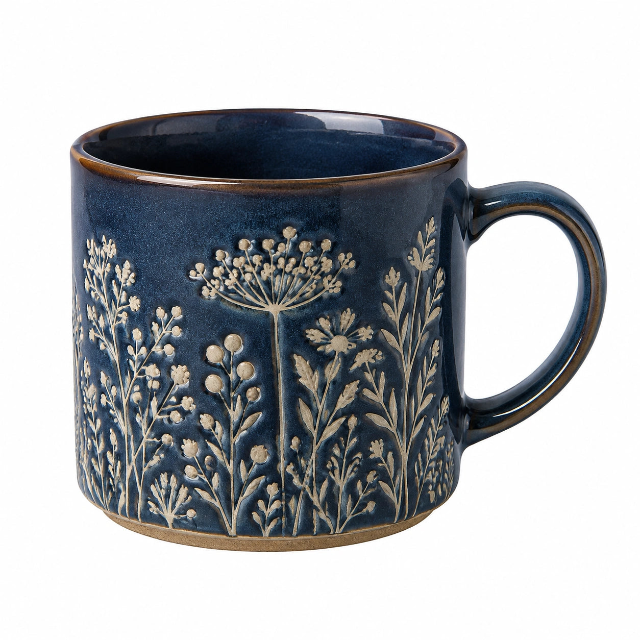 Tazza in ceramica 400 ml blu con motivo floreale in rilievo - stile botanico
