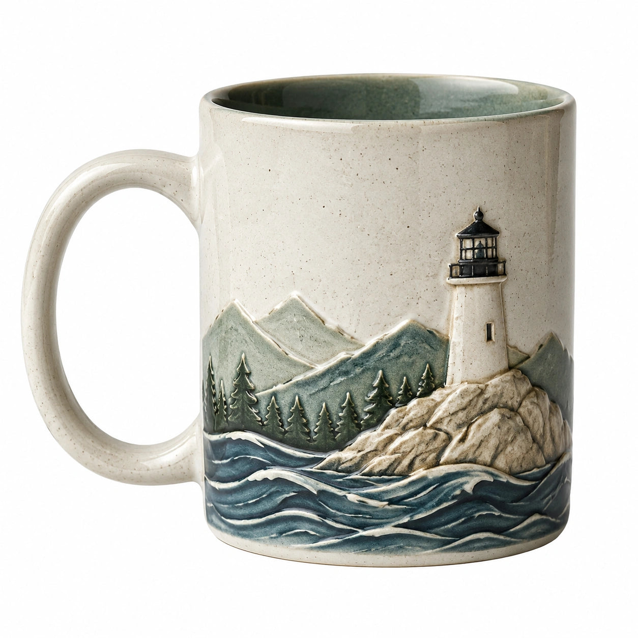 Tazza 450 ml in ceramica beige verde e blu con rilievo paesaggistico