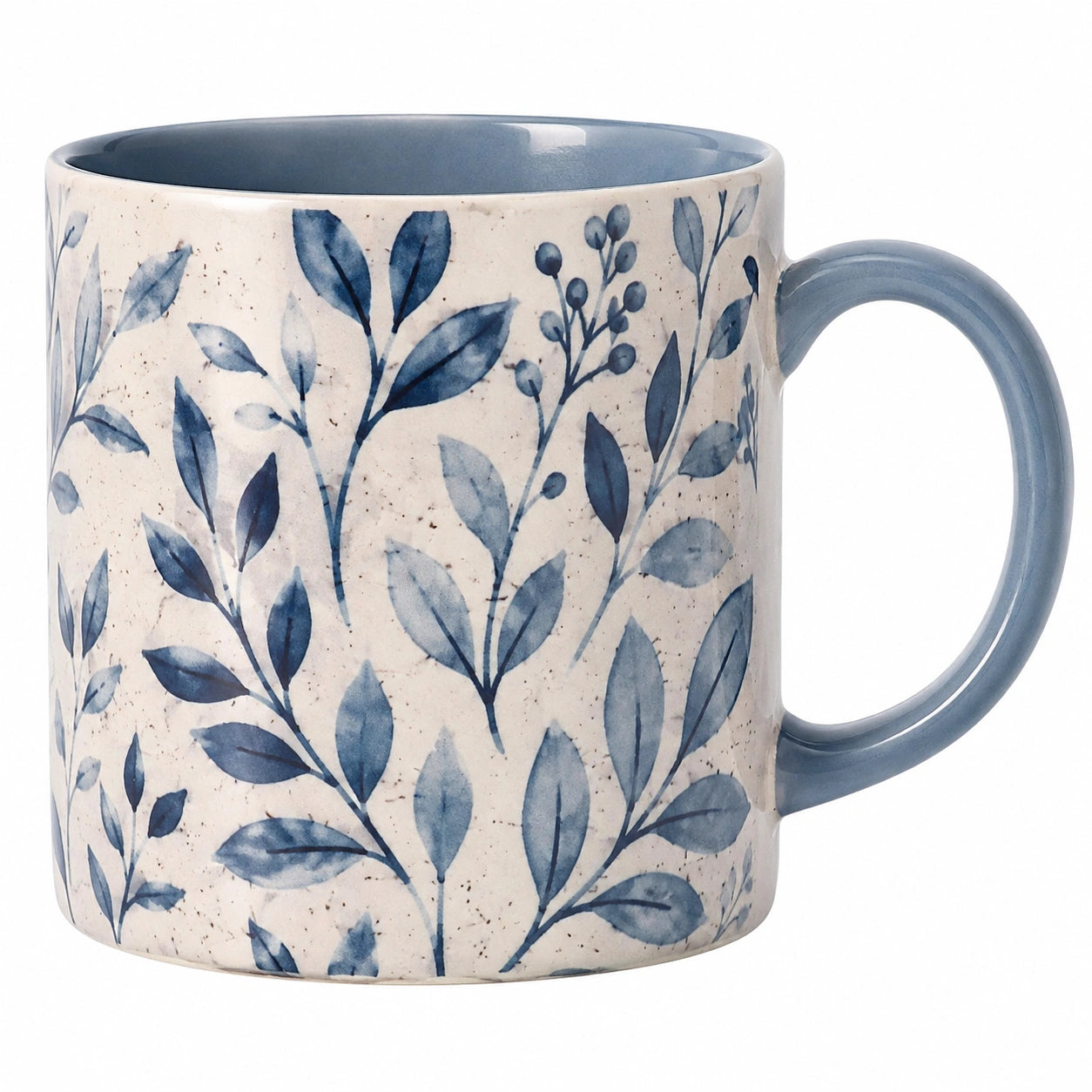 Tazza 400 ml in ceramica bianco/blu con motivo botanico per bevande calde stile naturale