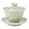 Tazza Gaiwan in ceramica verde chiaro 150 ml con piattino e coperchio decorazione floreale per tè