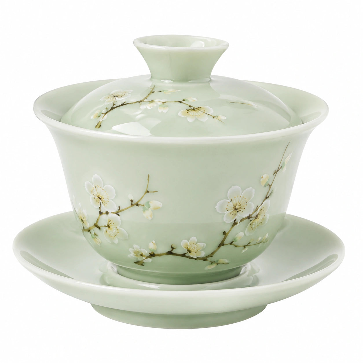 Tazza Gaiwan in ceramica verde chiaro 150 ml con piattino e coperchio decorazione floreale per tè