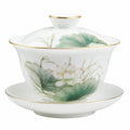 Tazza da tè con coperchio e piattino 150 ml in porcellana bianca verde e oro - decoro floreale