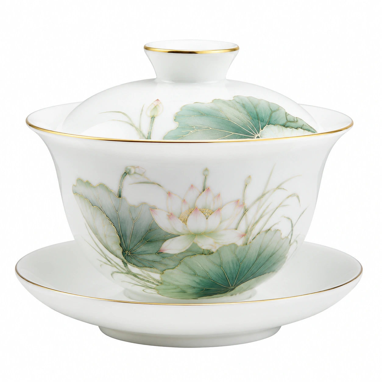 Tazza da tè con coperchio e piattino 150 ml in porcellana bianca verde e oro - decoro floreale