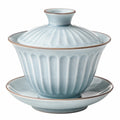 Tazza Gaiwan da tè 150 ml in ceramica azzurro chiaro con coperchio e piattino scanalata