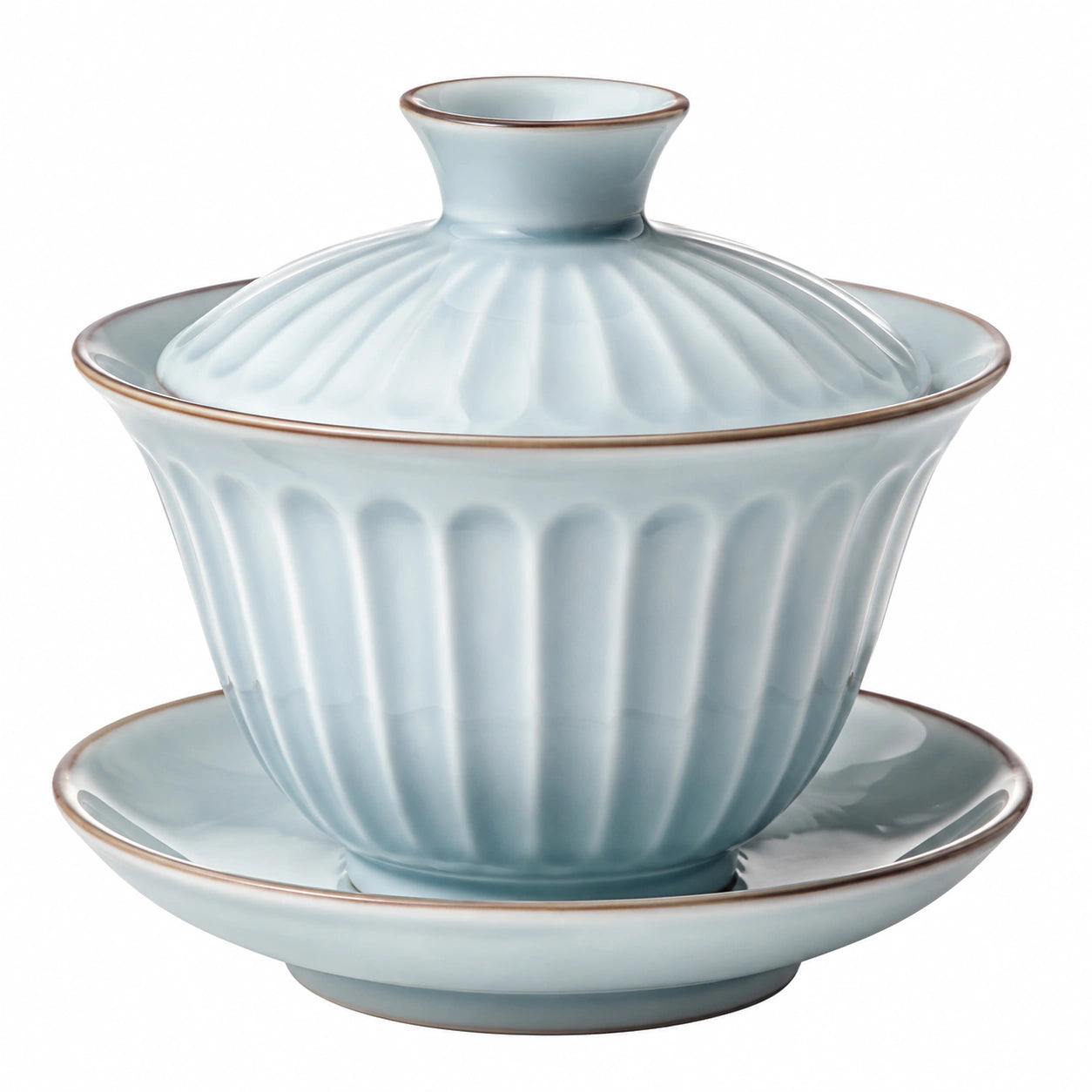 Tazza Gaiwan da tè 150 ml in ceramica azzurro chiaro con coperchio e piattino scanalata