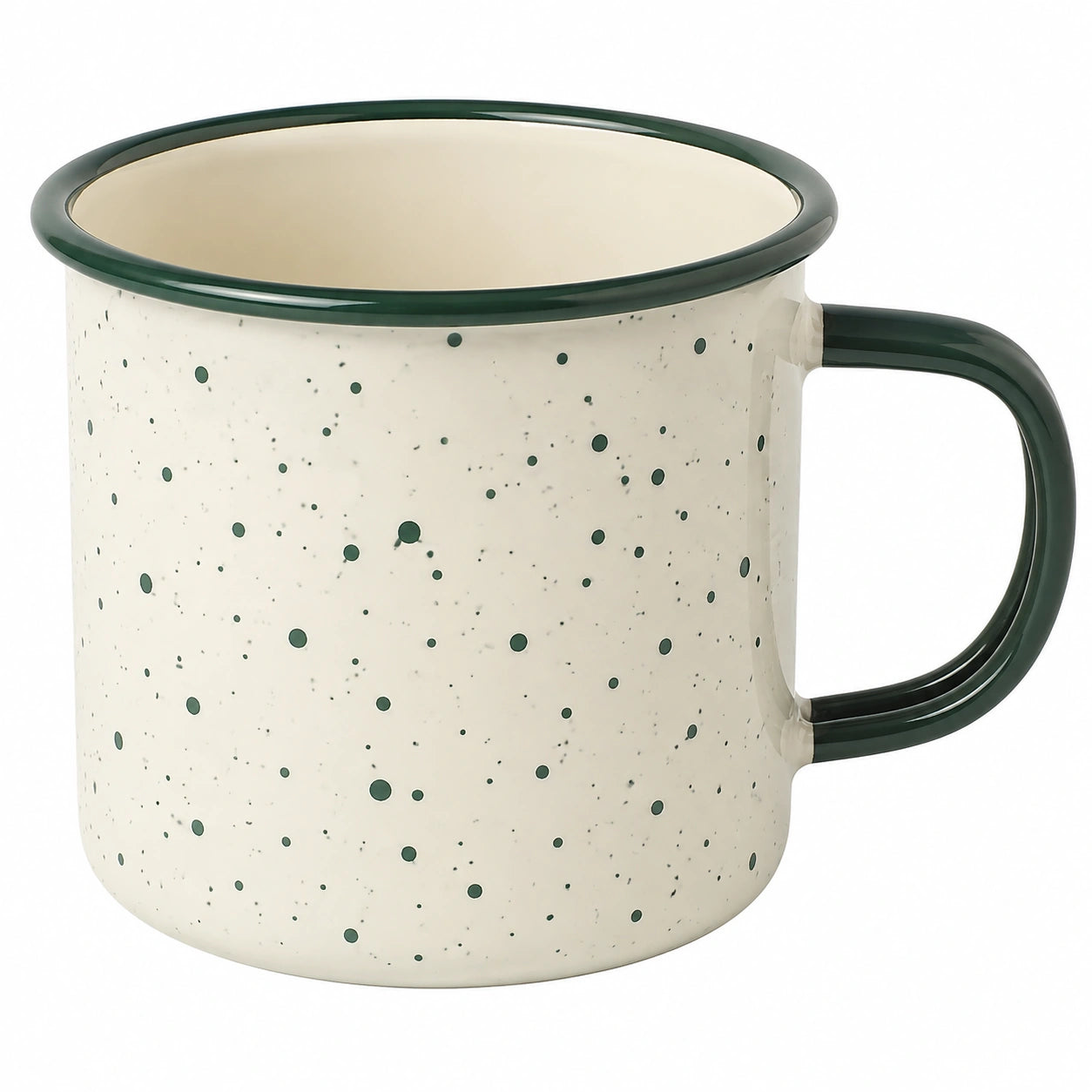 Tazza smaltata 350 ml beige e verde con motivo puntinato - manico ampio per bevande calde e fredde